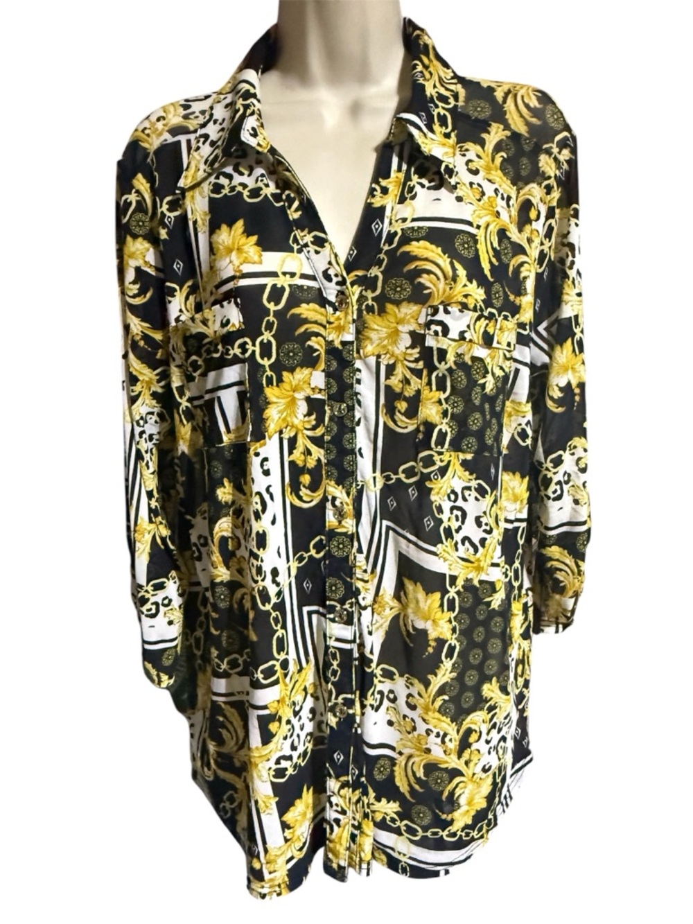 EMBER brand Women's Black & Gold Baroque Buchona Print Button-Up Blouse|woman XL